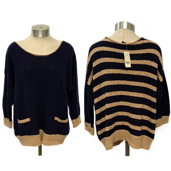 LUCKY BRAND Navy Blue + Tan Striped Back 3/4 Sleeve Women's Sweater NWT Size XL - Picture 1 of 7